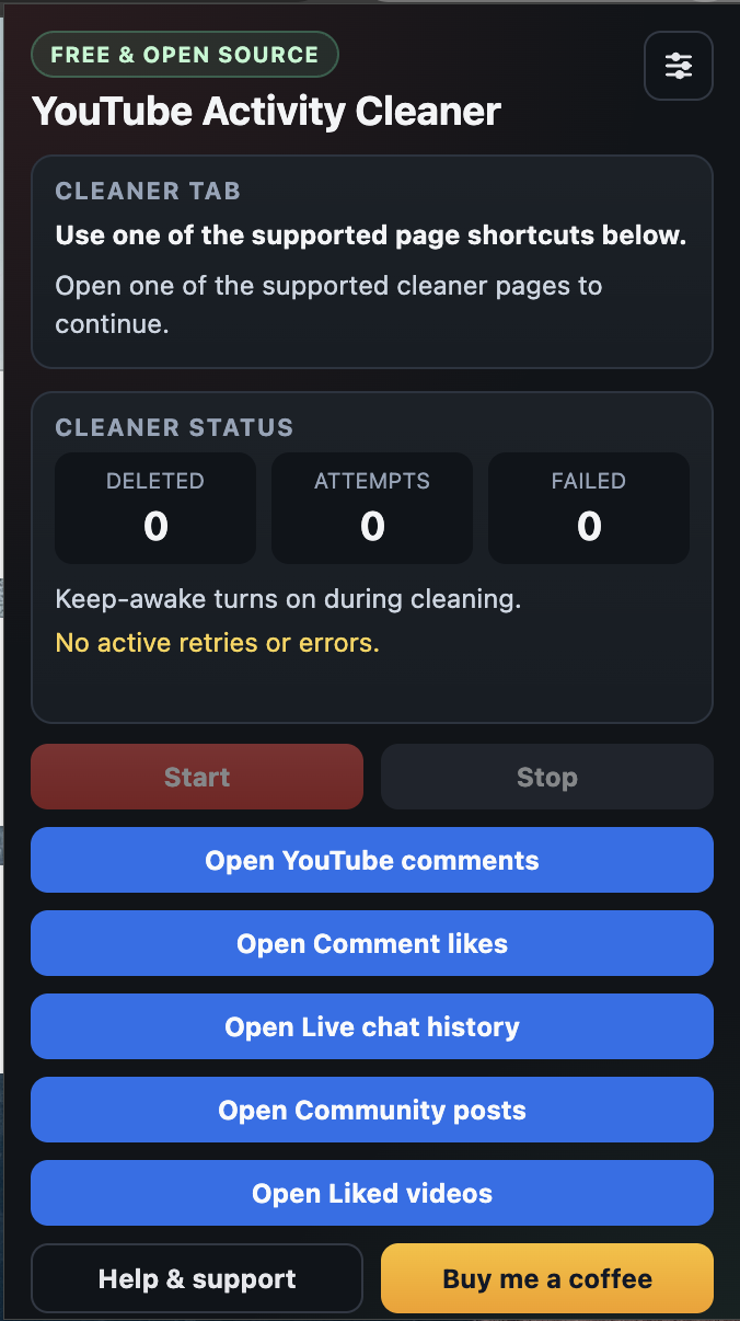 YouTube Activity Cleaner popup showing the free and open-source badge, status cards, and supported-page shortcuts